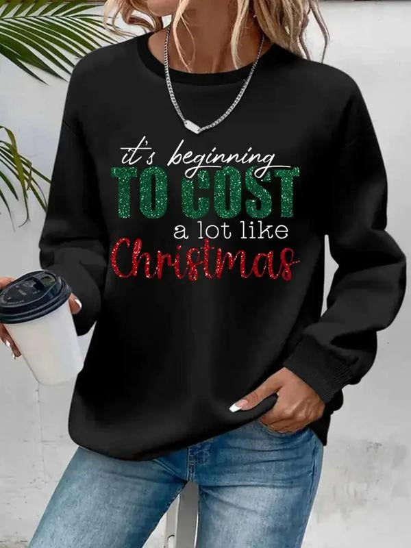 Women's Casual Christmas Print Hoodie, Soft Long Sleeve Round Neck Sweatshirt, All-Season Comfort, Durable Fabric T-Shirts