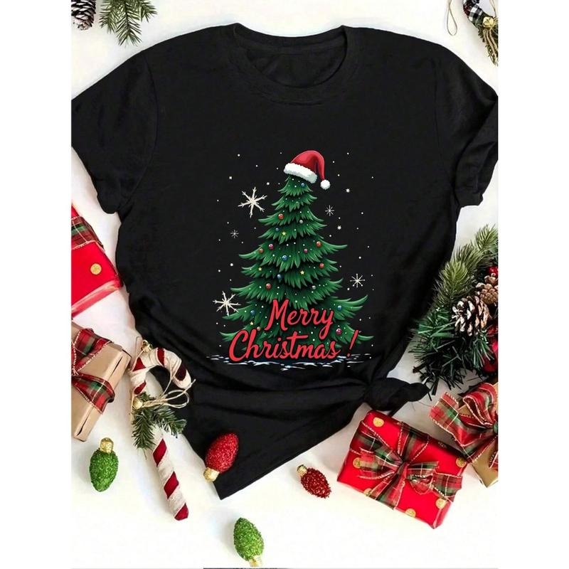 Women's Casual Christmas Tree Print Crew Neck Short Sleeve T-Shirt, Suitable For Holiday, Graphic Tee Clothes Graphic...