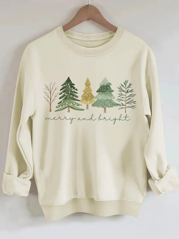 Women's Casual Christmas Tree Print Pullover Sweater, Merry & Bright Letter Pattern, Fall Winter Fashion T-Shirts,...