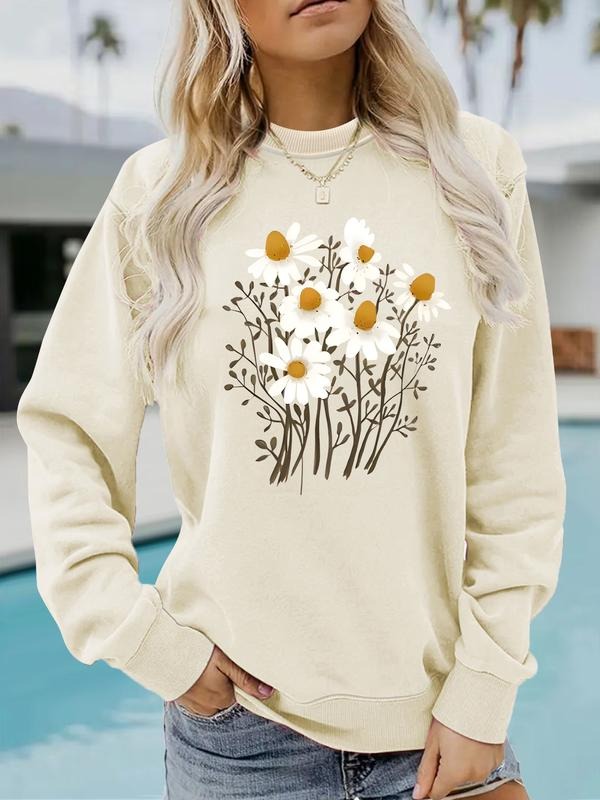 Women's Casual Chrysanthemum Pattern Pullover Sweatshirt, Soft Long Sleeve Round Neck, All-Season Comfort, Durable Fabric...
