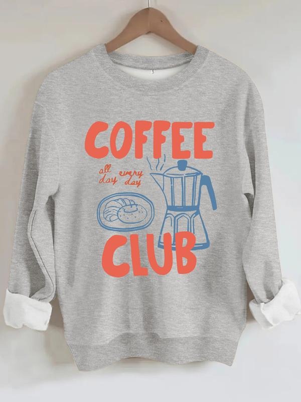 Women's Casual Coffee Club Print Hoodie, Soft Long Sleeve Round Neck Sweatshirt, All-Season Comfort, Durable Fabric T-Shirts