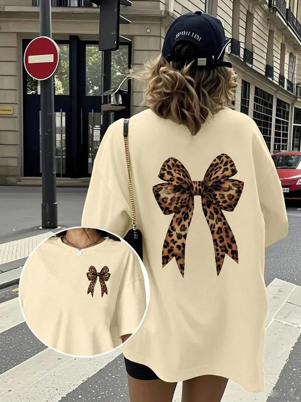 Women's Casual Crew Neck T-Shirt Comfortable All Season Top, Leopard Bow Print, Women's T-Shirt, Casual Wear, Leopard...