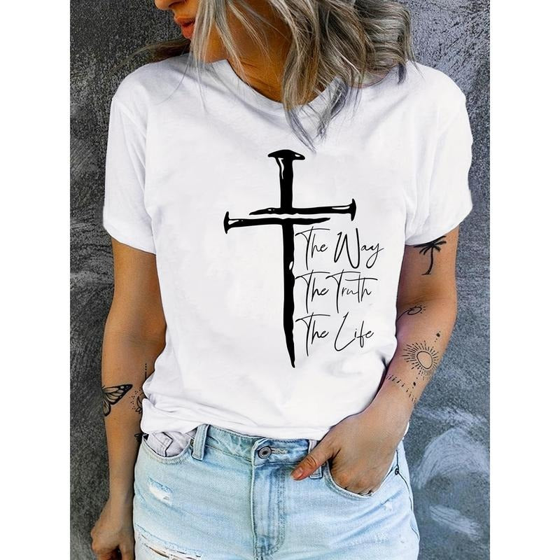 Women's Casual Crew Neck T-Shirt with "Love Like Jesus" Print, 100% Polyester Knit Fabric, Geometric Pattern, Soft and...