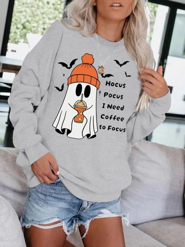 Women's Casual Cute Ghost Halloween Sweatshirt, Soft Long Sleeve Round Neck Pullover, Comfortable Daily Wear T-Shirts, Hoodie