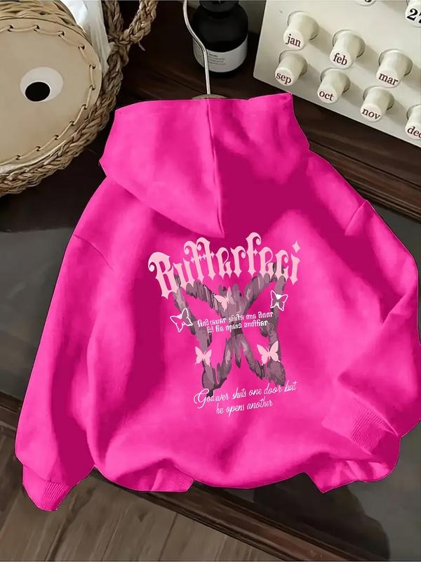 Women's Casual Fashion Loose Cartoon Butterfly Letter Print Hoodie, Fall & Winter Fitted Kint Fabric, Moderate Thickening...