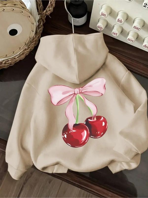 Women's Casual Fashion Loose Cartoon Cherry Print Hoodie, Fall & Winter Fitted Kint Fabric, Moderate Thickening,...