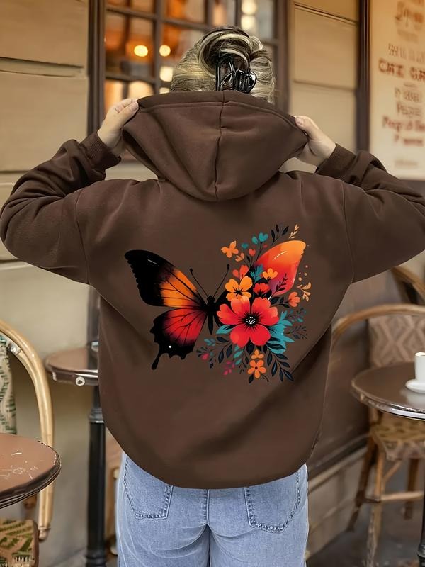 Women's Casual Fashion Loose Cartoon Floral Butterfly Print Hoodie, Fall & Winter Fitted Sporty Sweatshirt, Moderate...