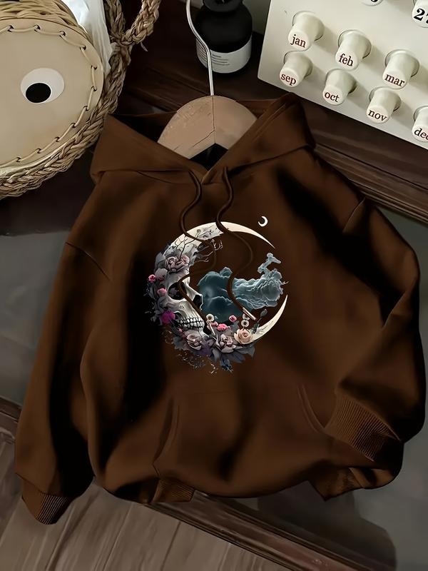 Women's Casual Fashion Loose Cartoon Skull Moon Print Hoodie, Fall & Winter Fitted Kint Fabric, Moderate Thick,...