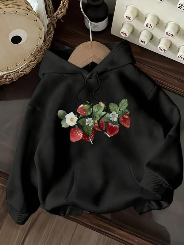 Women's Casual Fashion Loose Cartoon Strawberry Print Hoodie, Fall & Winter Fitted Kint Fabric, Moderate Thickening,...