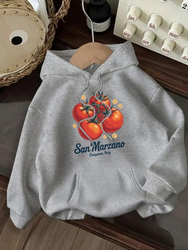 Women's Casual Fashion Loose Fit Cartoon Tomato Print Hoodie, Letter Pattern, Fitted Style, Fall & Winter Wear, No Ca...