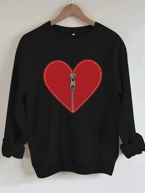 Women's Casual Fitted Sweatshirt, Zipper Heart Print, Round Neck, All-Season Knit Fabric, Comfortable Daily Wear...
