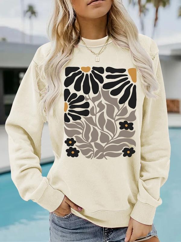 Women's Casual Floral Light Leaf Pattern Pullover, Soft Fitted Long Sleeve Round Neck Sweatshirt, All-Season Comfort...
