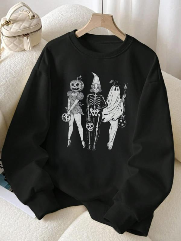 Women's Casual Halloween Fun Pattern Pullover Sweatshirt, Soft Long Sleeve Round Neck, All-Season Comfort, Durable Fabric...