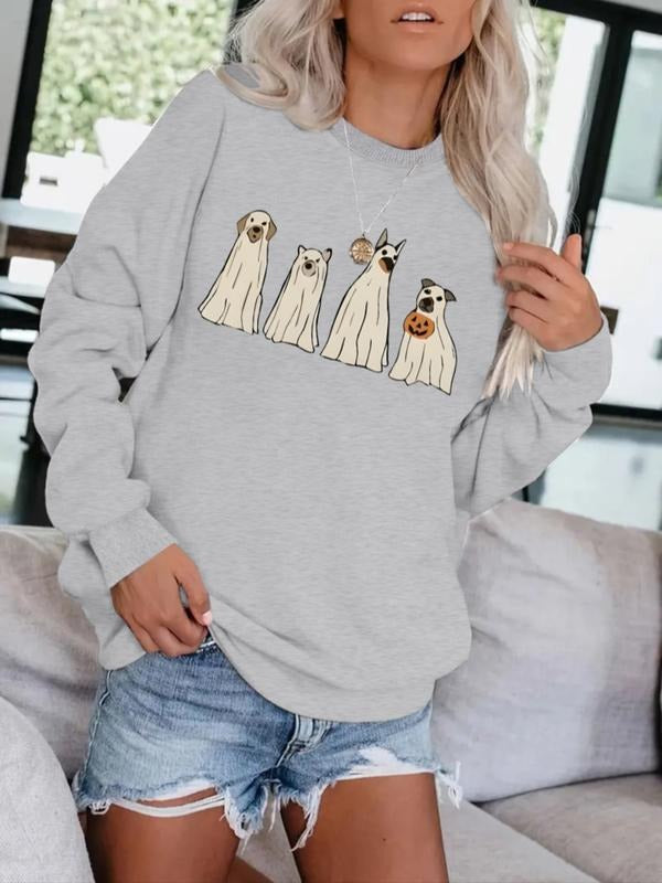 Women's Casual Halloween Sweatshirt, Dog Print, Round Neck, All-Season Knit Fabric, Comfortable Daily Wear T-Shirts, Hoodie