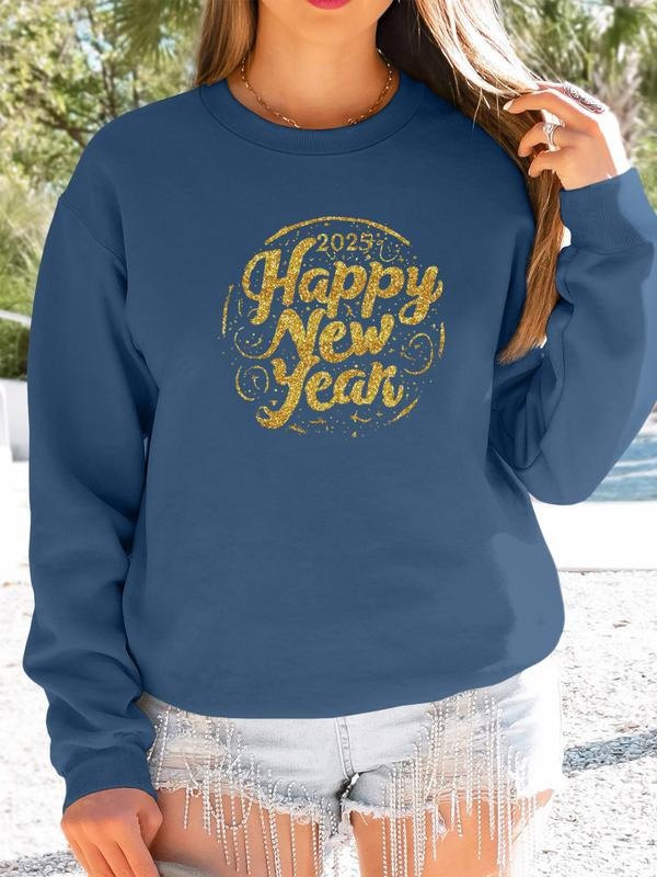 Women's Casual Happy New Year Letter Print Long Sleeve Round Neck Pullover Sweatshirt, Fitted H-Type Design, Available in...