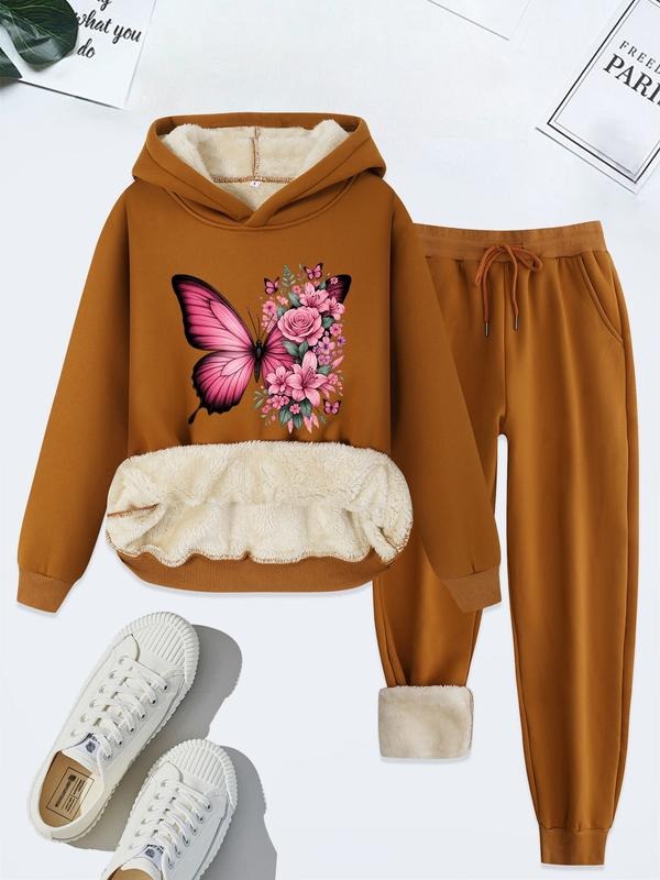 Women's Casual Hoodie Set, Butterfly & Floral Print, Thick Fleece Lined, Fall Winter, Ladies Two-Piece Clothing T-Shirts,...