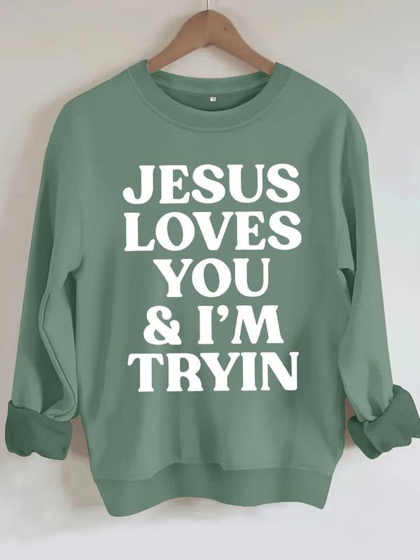 Women's Casual Jesus Letter Print Hoodie, Soft Long Sleeve Round Neck Sweatshirt, All-Season Comfort Clothing T-Shirts