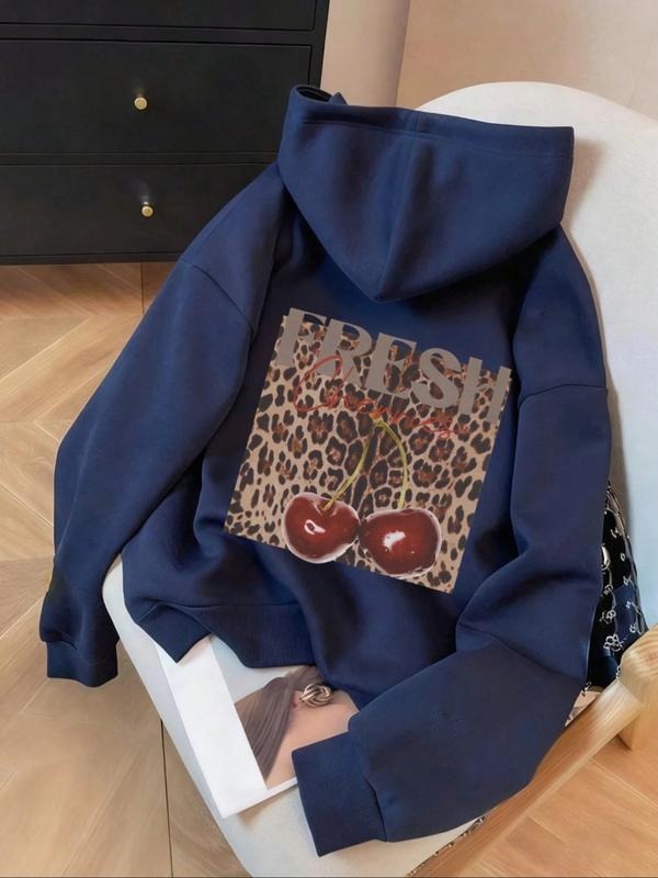 Women's Casual Leopard & Cherry Print Hooded Sweatshirt, Loose Fit Fleece Lined Pullover, Fall Winter Fashion, Graphic...