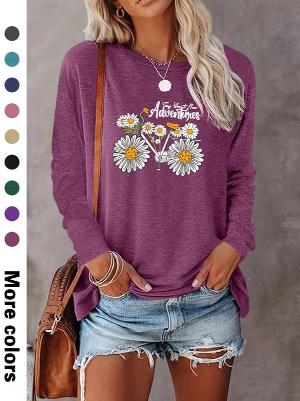 Women's Casual Letters Floral Print Long Sleeve T-Shirt, Comfortable Fabric, Available in 9 Colors, All Seasons Wear...