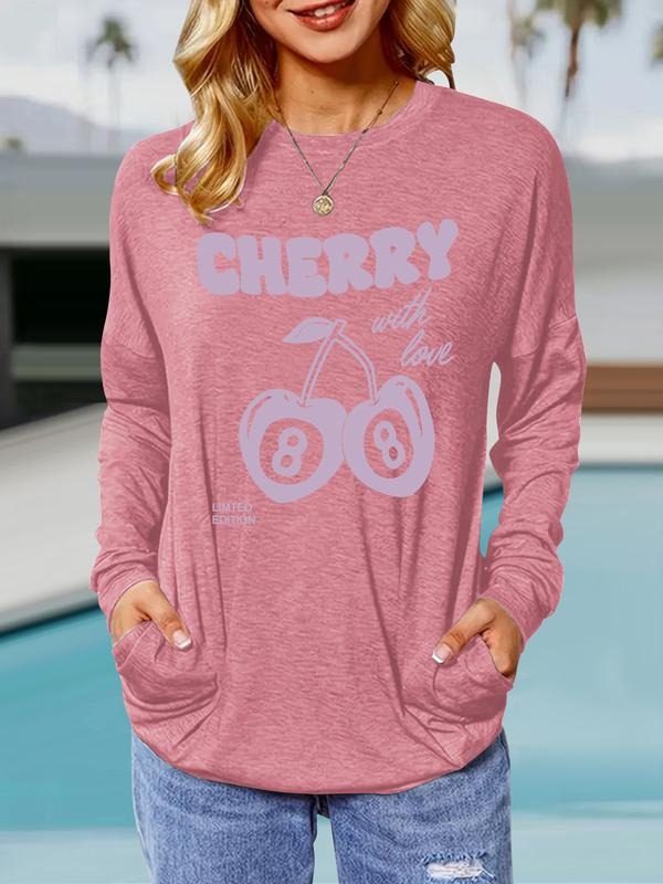 Women's Casual Loose-Fit Long Sleeve Cherry Print Pullover Sweater, Comfortable Breathable Spring & Fall Fashion Top...