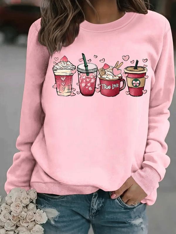Women's Casual Milk Tea Heart Pattern Pullover Sweatshirt, Soft Long Sleeve Round Neck, All-Season Comfort T-Shirts, Hoodie