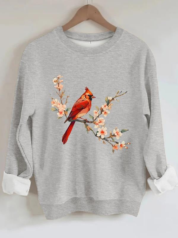 Women's Casual Peach Bird Pattern Pullover, Soft Long Sleeve Round Neck Sweatshirt, All-Season Comfort Clothing T-Shirts,...