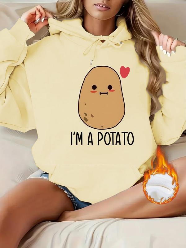 Women's Casual Potato Pattern Print Drawstring Graphic Hoodie, Long Sleeve Graduation Top, Back-To-School Clothing,...