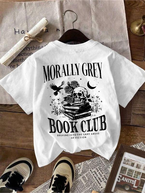 Women's Casual Reading Club T-Shirt, Comfortable Skull & Book Print, Short Sleeve Round Neck Top, Perfect Gift for Book...