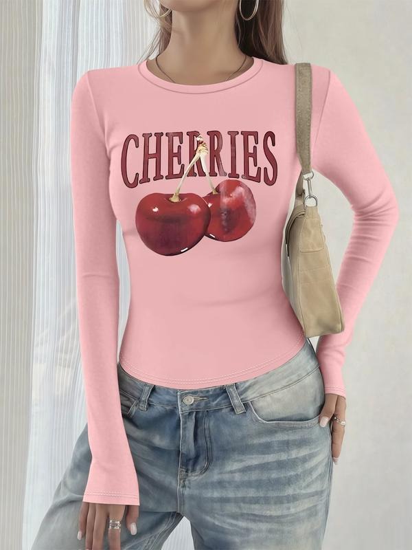 Women's Casual Round Neck Long Sleeve T-Shirt, Chrries Letter & Fruit Print, Fitted Style for Spring & Fall, Comfortable...