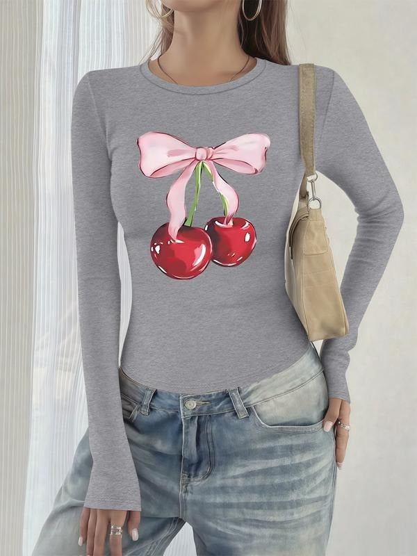 Women's Casual Round Neck Long Sleeve T-Shirt, Chrries Letter & Fruit Print, Fitted Style for Spring & Fall, Comfortable...