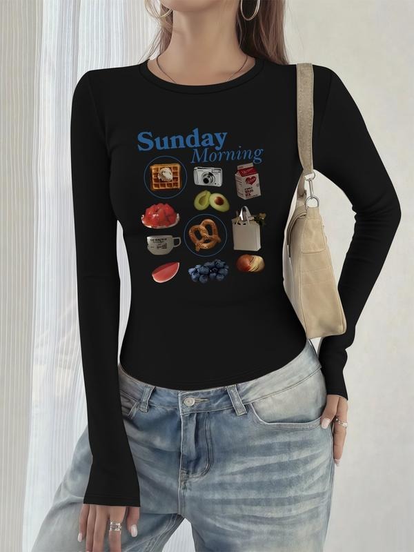 Women's Casual Round Neck Long Sleeve T-Shirt, Sunday Morning Letter & Food Print, Fitted Style for Spring & Fall,...