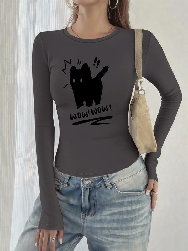 Women's Casual Round Neck Long Sleeve T-Shirt, Wow!wow! Letter & Cat Print, Fitted Thin Fabric, Perfect for Spring & Fall...