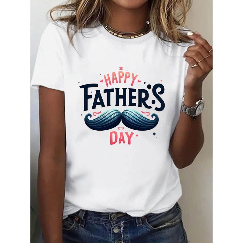 Women's Casual Short Sleeve T-Shirt - White Father's Day Mustache Print with "Happy Father's Day" Text & Stars