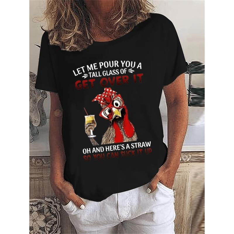 Women's Casual Short Sleeve T-Shirt with Humorous "Get Over " Chicken Graphic - Black Semi-Sheer Round Neck Top, Medium...