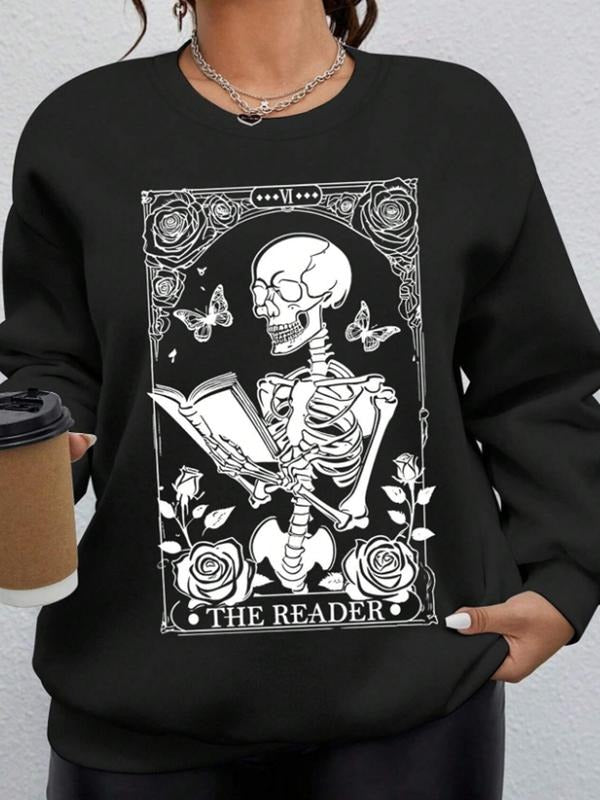 Women's Casual Skull Butterfly Flower Pattern Hoodie, Soft Long Sleeve Round Neck Sweatshirt, All-Season Comfort T-Shirts