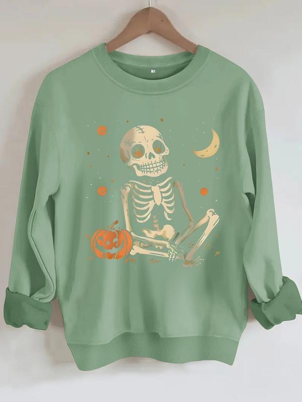 Women's Casual Skull Moon Pumpkin Pattern Hoodie, Soft Long Sleeve Round Neck Halloween Sweatshirt, All-Season Comfort...