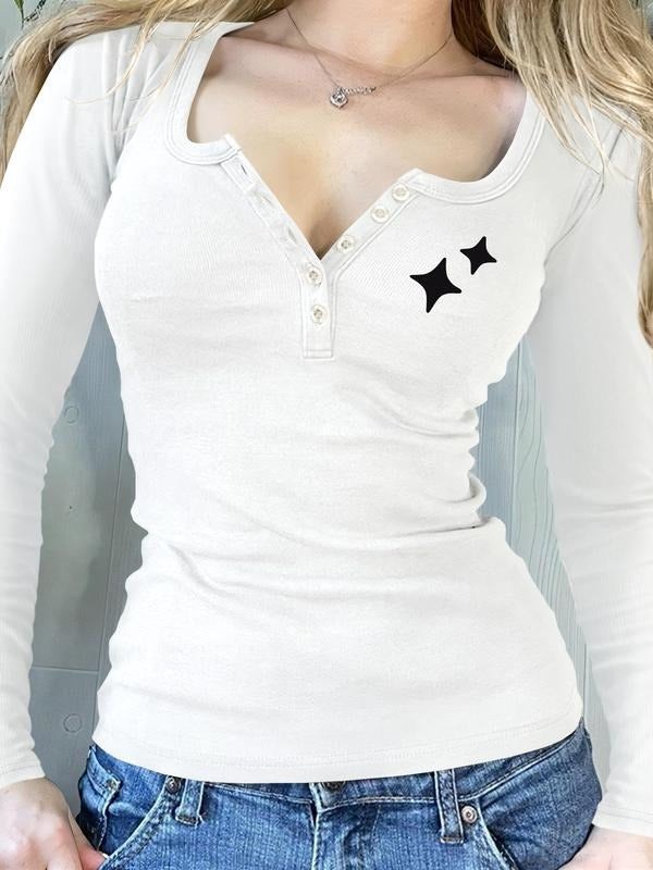 Women's Casual Star Print Long Sleeve Round Neck Top, Comfortable Fabric, Available in 6 Colors, Perfect for Daily Wear...