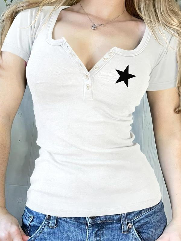 Women's Casual Star Print Short Sleeve Round Neck Top, Comfortable Fabric, Available in 9 Colors, Perfect for Daily Wear...