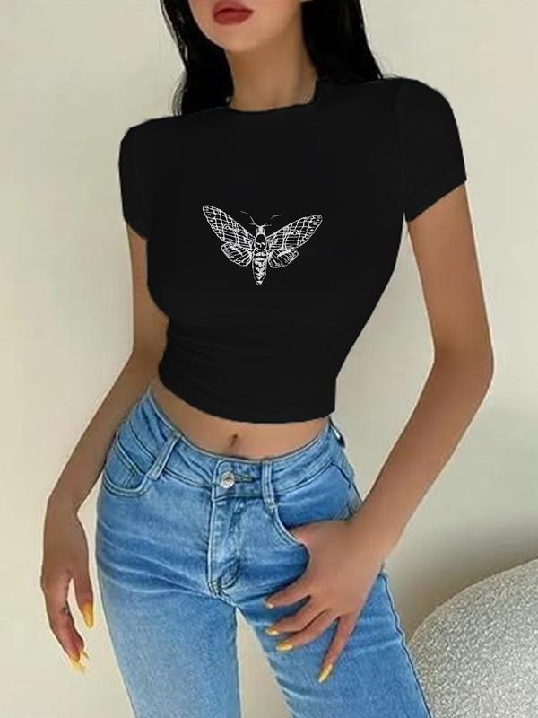 Women's Casual Street Style Short Sleeve T-Shirt, Trendy Iron Print Design, Summer Fitted Regular Fit Top for Daily Wear...