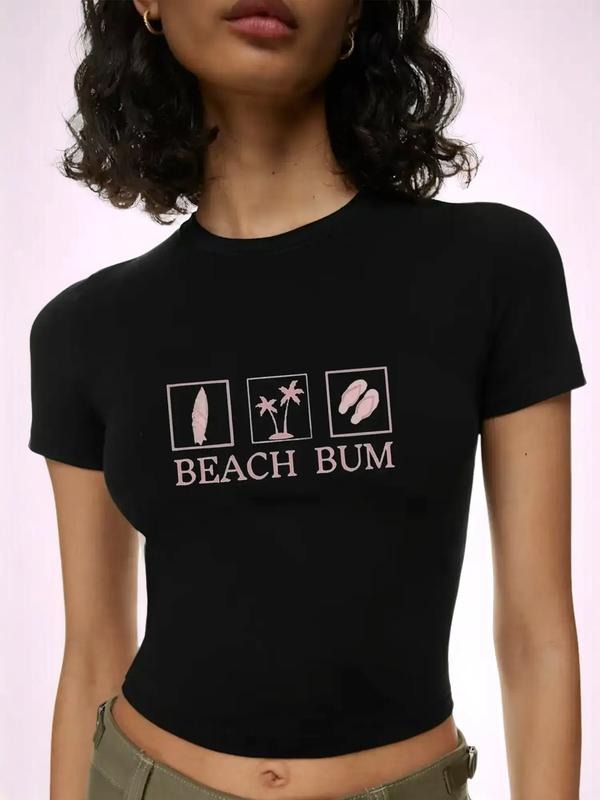 Women's Casual Summer Short Sleeve Everyday T-Shirt, Trendy Letter Print, Tight-Fitting Kint Fabric, Moderate Thickness,...