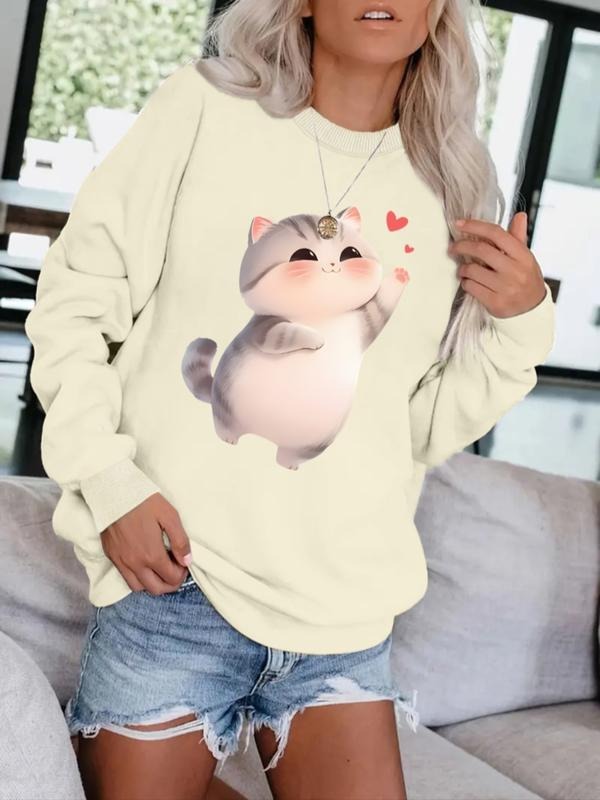 Women's Casual Sweatshirt with Valentine's Day Elements, Cartoon Cat Pattern, Round Neck, All-Season Knit Fabric...