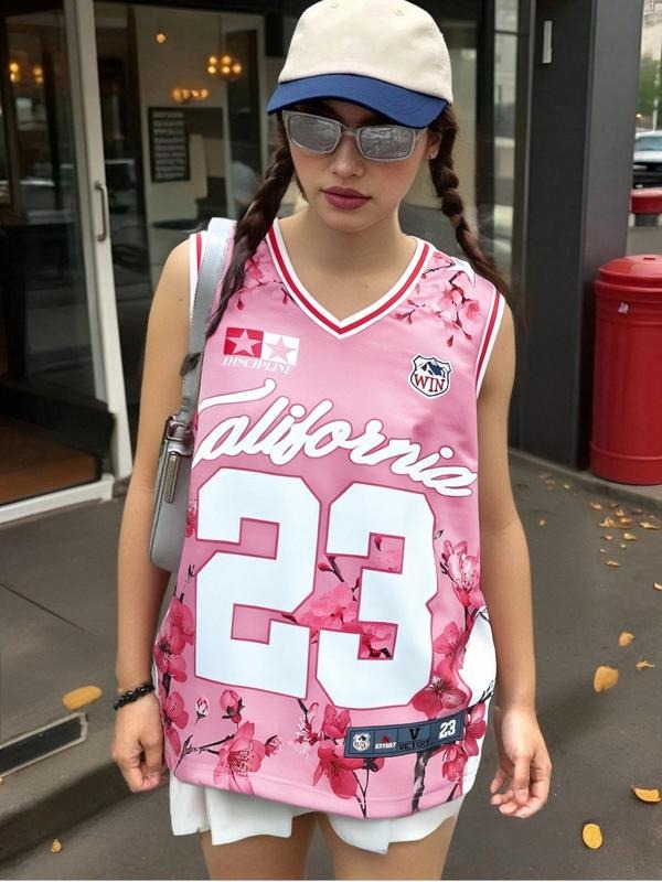 Women's Casual V-Neck Basketball Jersey, Floral & Number Print Design, Perfect for Summer Sports & Daily Wear T-Shirts,...