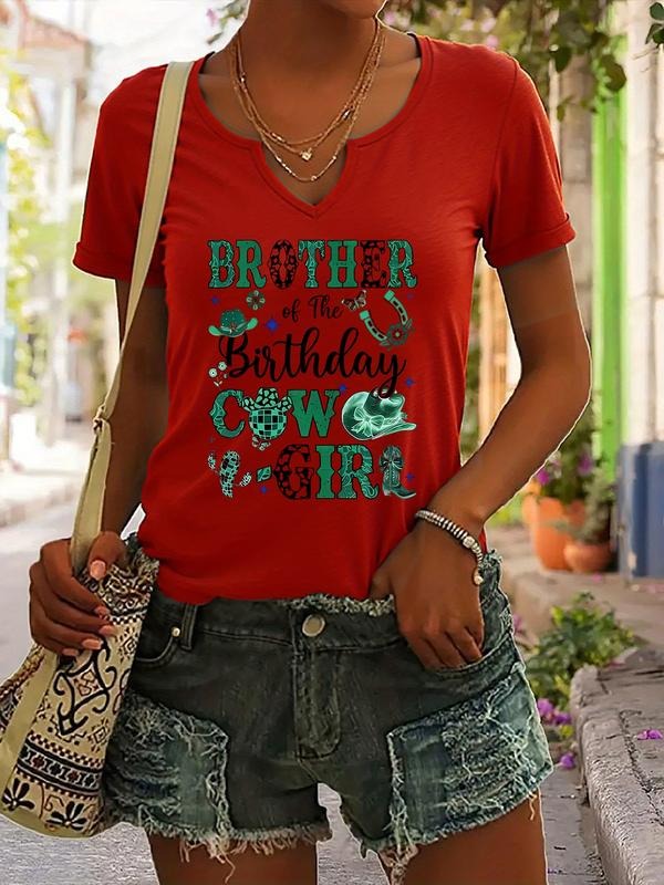 Women's Casual V Neck Short Sleeve Summer Top, Brother of the Birthday Cowgirl Letter Print Tee, Fashionable Ladies'...