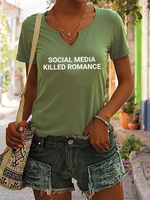 Women's Casual V Neck Short Sleeve Summer Top, Social Media Killed Romance Letter Print Tee, Fashionable Ladies' Clothing...