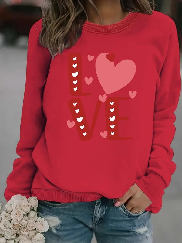 Women's Casual Valentine's Day Love Print Round Neck Sweatshirt, Fall & Winter, Graduation, Teacher, Back to School...
