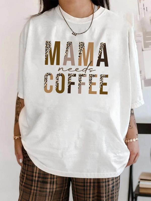 Women's Casual White "MAMA Needs Coffee" Leopard T-Shirt