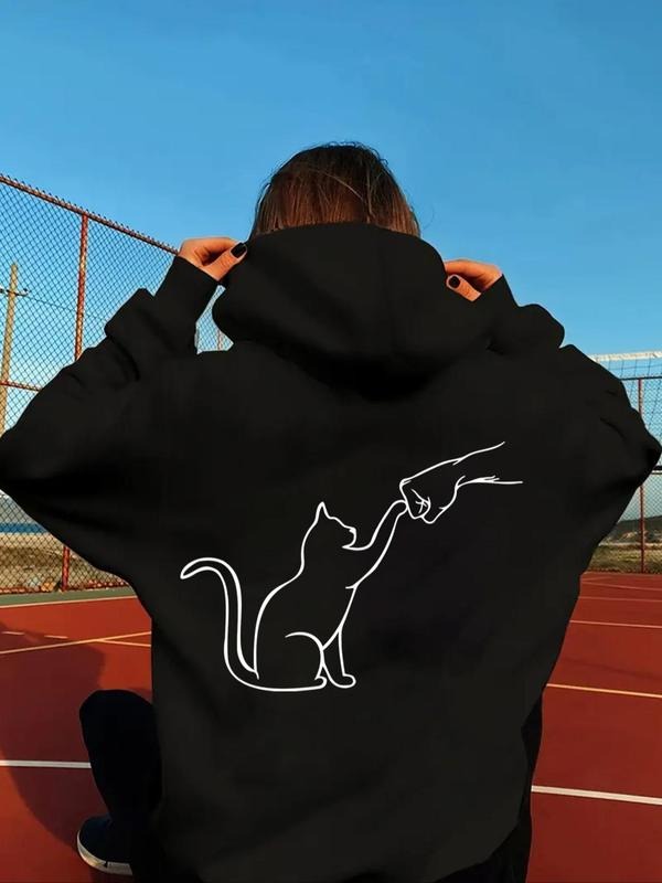 Women's Cat & Hand Print Hoodie, Casual Long Sleeve Hooded Sweatshirt for Fall & Winter, Women's Clothes for Daily Wear...