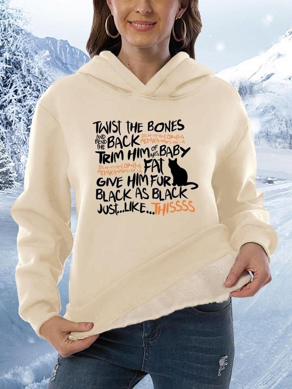 Women's Cat & Letter Print Drop Shoulder Plush Hoodie, Fashion Casual Thermal Lined Hooded Sweatshirt for Daily Holiday...