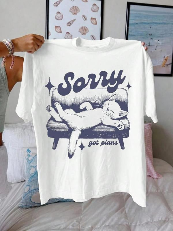 Women's Cat & Letter Print Round Neck Tee, Fashion Casual Crew Neck T-Shirt for Daily Holiday Vacation Outdoor Wear,...