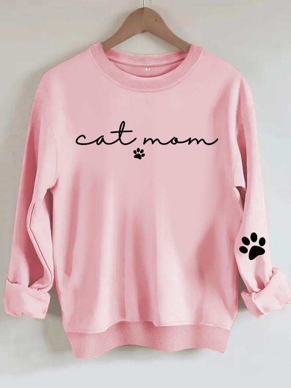 Women's Cat Mom Heart Print Round Neck Sweatshirt, Casual Fitted Pullover, Medium Stretch, All-Season Comfort T-Shirts,...